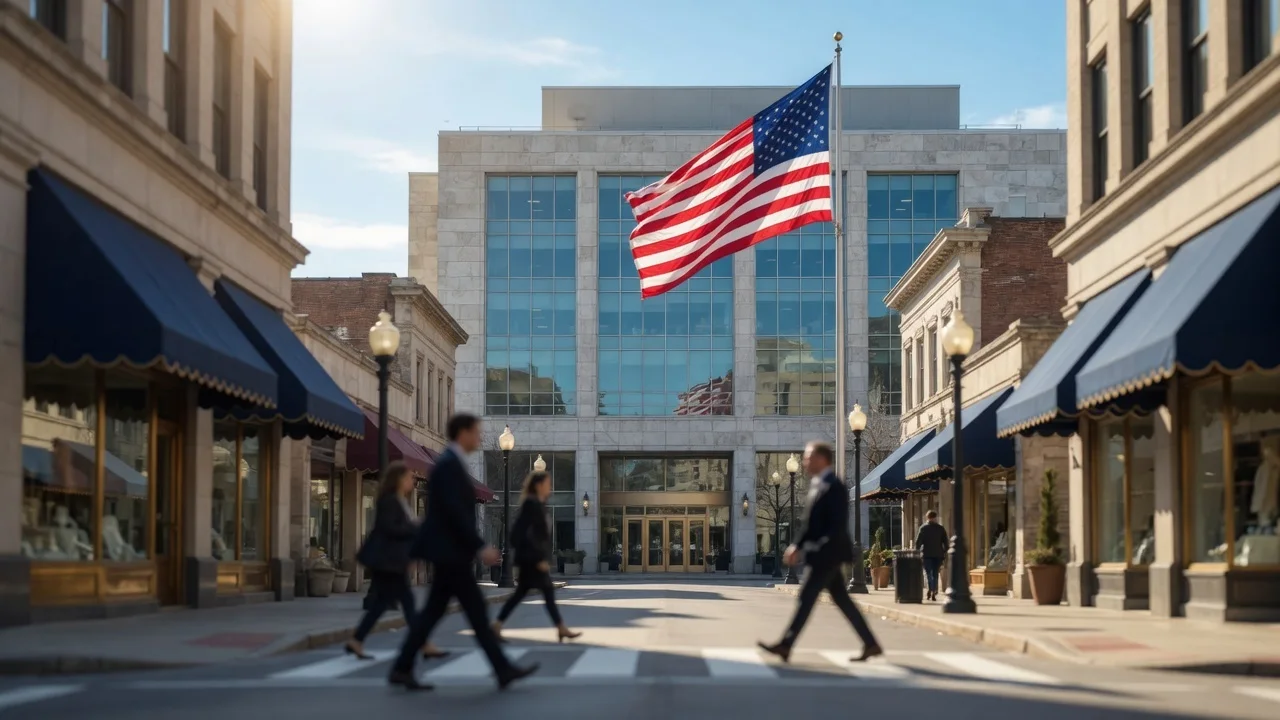 A classical American government building beneath an open sky.